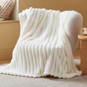 imageBedsure White Throw Fleece Blanket for Couch  Super GentleSoft Cozy Blankets for Women Cute Small Throws for Girls 50x60 Inches Wider Striped DesignWhite