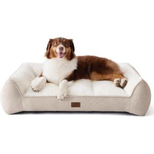imageBedsure XL Orthopedic Dog Beds Large Sized Dog  Extra Thick Supportive Dogs Couch with Waterproof Washable Cover Extra Large Comfort Pet Bed Sofa with Soft Plush Sherpa and Nonskid Bottom Grey 42quotCream