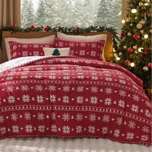 imageBedsure Christmas Comforter Set Queen  Christmas Bed Set with Festival Reindeer Pattern Soft Bedding for Holiday 3 Pieces 1 Reversible Reindeer Pattern Printed Comforter and 2 Pillow Shams02  Red Snowflake