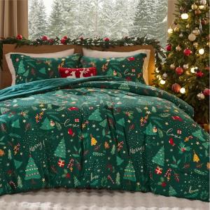 imageBedsure Christmas Comforter Set Queen  Christmas Bed Set with Festival Reindeer Pattern Soft Bedding for Holiday 3 Pieces 1 Reversible Reindeer Pattern Printed Comforter and 2 Pillow Shams05  Green Forest