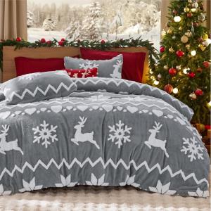 imageBedsure Fluffy Christmas Comforter Set Queen  Red Christmas Bedding with Candy Cane Warm Fleece Bed Sets for Winter 3 Pieces 1 Soft Plush Shaggy Comforter with 2 Pillowcases02  Grey Deer