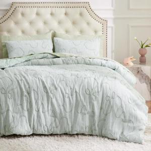 imageBedsure Queen Size Comforter Set  Beige Tufted Boho Bed Set Farmhouse Shabby Chic Embroidery Bedding for All Seasons 3 Pieces 1 Soft Jacquard Queen Comforter and 2 Pillow Shams07  Sage Green  Bow