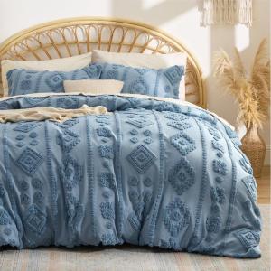 imageBedsure Queen Size Comforter Set  Beige Tufted Boho Bed Set Farmhouse Shabby Chic Embroidery Bedding for All Seasons 3 Pieces 1 Soft Jacquard Queen Comforter and 2 Pillow Shams13  Grayish Blue