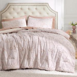 imageBedsure Queen Size Comforter Set  Beige Tufted Boho Bed Set Farmhouse Shabby Chic Embroidery Bedding for All Seasons 3 Pieces 1 Soft Jacquard Queen Comforter and 2 Pillow Shams06  Pink  Bow