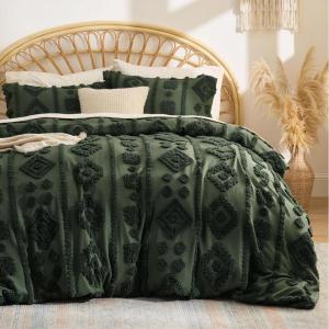 imageBedsure Queen Size Comforter Set  Beige Tufted Boho Bed Set Farmhouse Shabby Chic Embroidery Bedding for All Seasons 3 Pieces 1 Soft Jacquard Queen Comforter and 2 Pillow Shams14  Dark Green