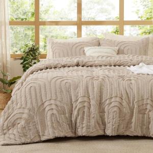 imageBedsure Queen Size Comforter Set  Beige Tufted Boho Bed Set Farmhouse Shabby Chic Embroidery Bedding for All Seasons 3 Pieces 1 Soft Jacquard Queen Comforter and 2 Pillow Shams03  Khaki  Arch Jacquard