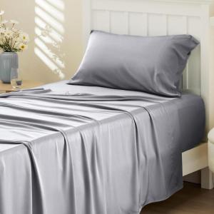 imageBedsure GentleSoft Queen Sheet Set Rayon Derived from Bamboo Cooling Sheets Breathable ampamp Soft Deep Pocket Up to 16 Inches Hotel Luxury Silky Bedding for Hot Sleepers Grey04  Silver Grey