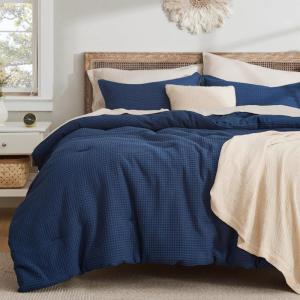 imageBedsure Waffle Comforter Set King Beige Soft Bedding Waffle Weave Bed Set 3 Pieces 1 Comforter 104quotx90quot and 2 Pillow Shams Cotton Shell and Polyester Lining for All Seasons10  Navy