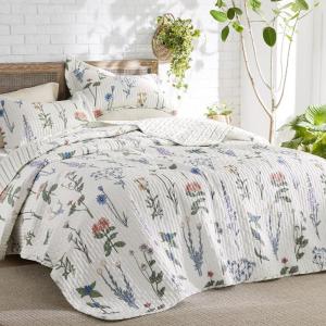 imageBedsure Floral Quilt Set Queen  Reversible Olive Green Botanical Quilt Bedding Set 3 Pieces Lightweight Bedspread Soft Microfiber Coverlet with 2 Pillow Shams for All Seasons 90quotx96quot08  Coconut White