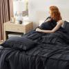 imageBedsure Queen Comforter Set with Sheet  4 Pieces Soft Navy Blue Bedding Grid Pinch Pleat All Season Lightweight Fluffy Bed Set with Solid Boho Comforter Pillowcases ampamp Sheet03  Black No Flat Sheet