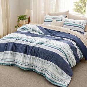 imageBedsure Comforter Set Queen Size  Striped Bedding Comforter Set for Boys 3 Pieces 1 Soft Reversible Blue Comforter and 2 Pillow Shams05  Navy Blue