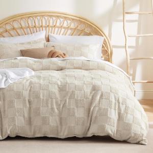 imageBedsure Pink Duvet Cover Queen Size with Bowknot Jacquard Design Soft and Elegant Boho Bedding Set Luxurious Craftsmanship for a Stylish BedroomIncludes 1 90quotx90quot Duvet Cover ampamp 2 Pillow Shams01  Beige  Checkered No Comforter