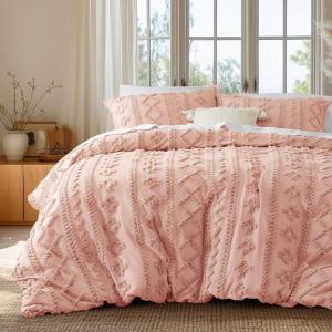 imageBedsure Pink Duvet Cover Queen Size with Bowknot Jacquard Design Soft and Elegant Boho Bedding Set Luxurious Craftsmanship for a Stylish BedroomIncludes 1 90quotx90quot Duvet Cover ampamp 2 Pillow Shams16  Pink  Elegant No Comforter