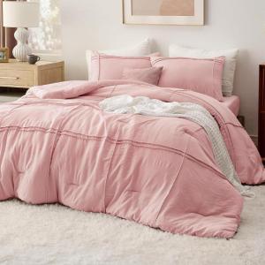 imageBedsure Queen Comforter Set with Sheet  4 Pieces Soft Navy Blue Bedding Grid Pinch Pleat All Season Lightweight Fluffy Bed Set with Solid Boho Comforter Pillowcases ampamp Sheet04  Light Pink No Flat Sheet