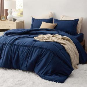 imageBedsure Queen Comforter Set with Sheet  4 Pieces Soft Navy Blue Bedding Grid Pinch Pleat All Season Lightweight Fluffy Bed Set with Solid Boho Comforter Pillowcases ampamp Sheet01  Navy No Flat Sheet