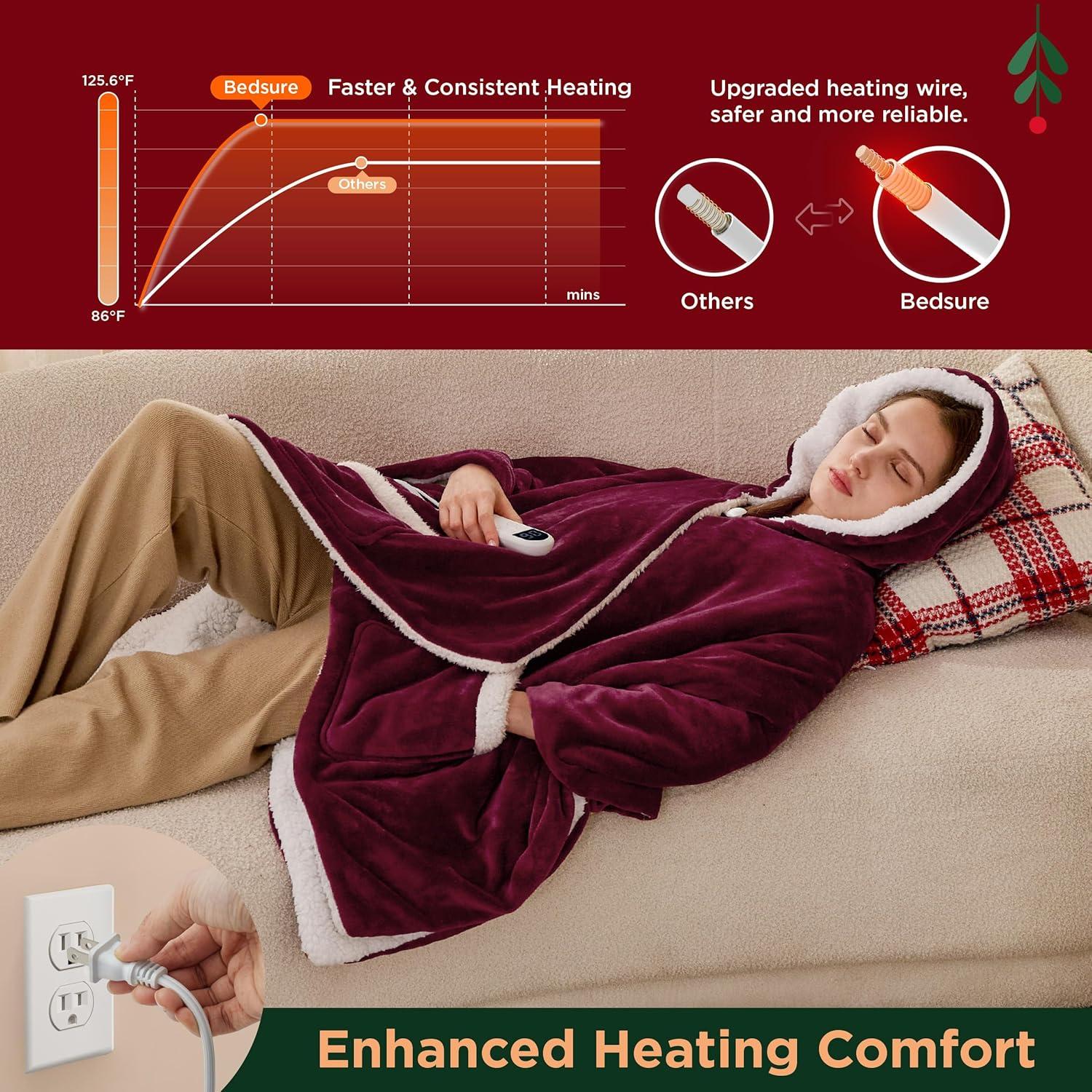 imageBedsure Wearable Heated Blanket with Foot Pocket  Electric Snuggle Blanket for Adult with Sleeves Winter Gifts for Mom Women Girlfriend Warm Sherpa Heating Throw Auto Shut Off 50 x 7118quot Cream04  Burgundy