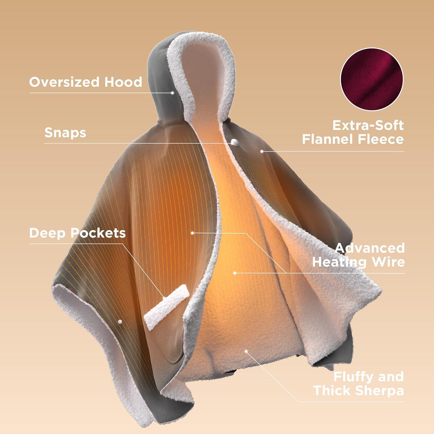 imageBedsure Wearable Heated Blanket with Foot Pocket  Electric Snuggle Blanket for Adult with Sleeves Winter Gifts for Mom Women Girlfriend Warm Sherpa Heating Throw Auto Shut Off 50 x 7118quot Cream04  Burgundy