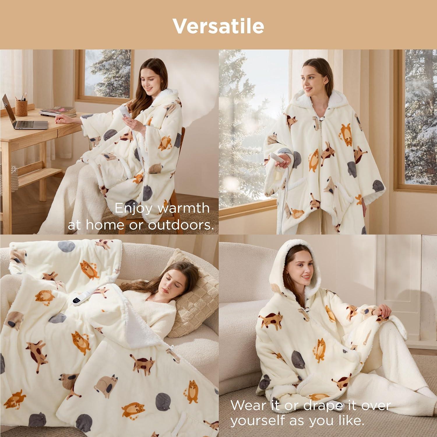 imageBedsure Wearable Heated Blanket with Foot Pocket  Electric Snuggle Blanket for Adult with Sleeves Winter Gifts for Mom Women Girlfriend Warm Sherpa Heating Throw Auto Shut Off 50 x 7118quot Cream06  Printed Cat