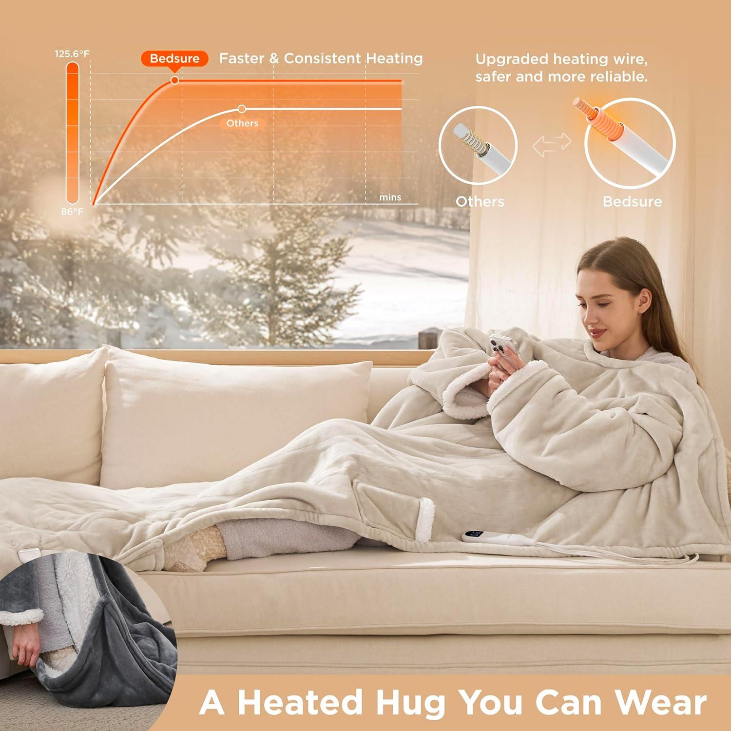 imageBedsure Wearable Heated Blanket with Foot Pocket  Electric Snuggle Blanket for Adult with Sleeves Winter Gifts for Mom Women Girlfriend Warm Sherpa Heating Throw Auto Shut Off 50 x 7118quot Cream10  Cream