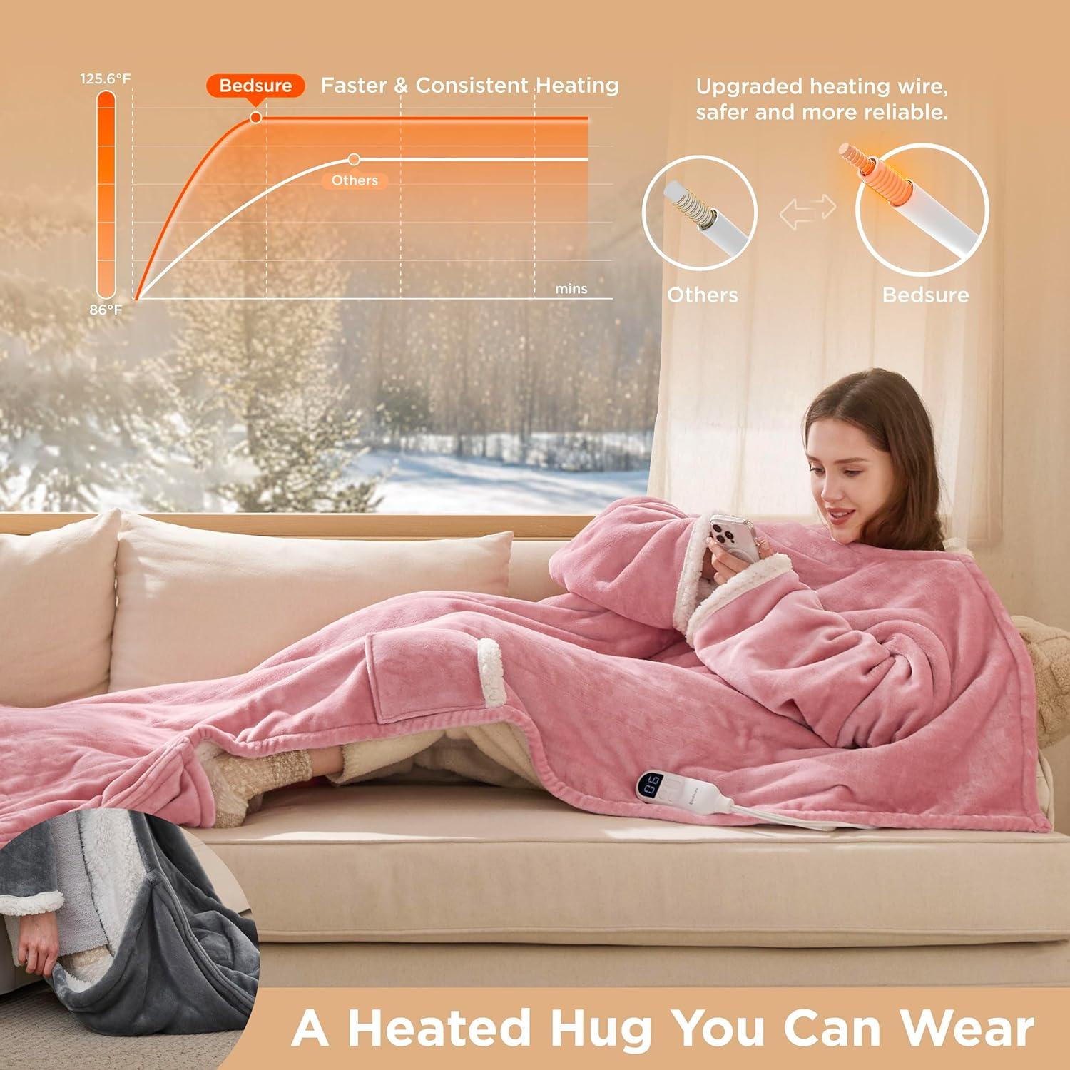 imageBedsure Wearable Heated Blanket with Foot Pocket  Electric Snuggle Blanket for Adult with Sleeves Winter Gifts for Mom Women Girlfriend Warm Sherpa Heating Throw Auto Shut Off 50 x 7118quot Cream09  Pink