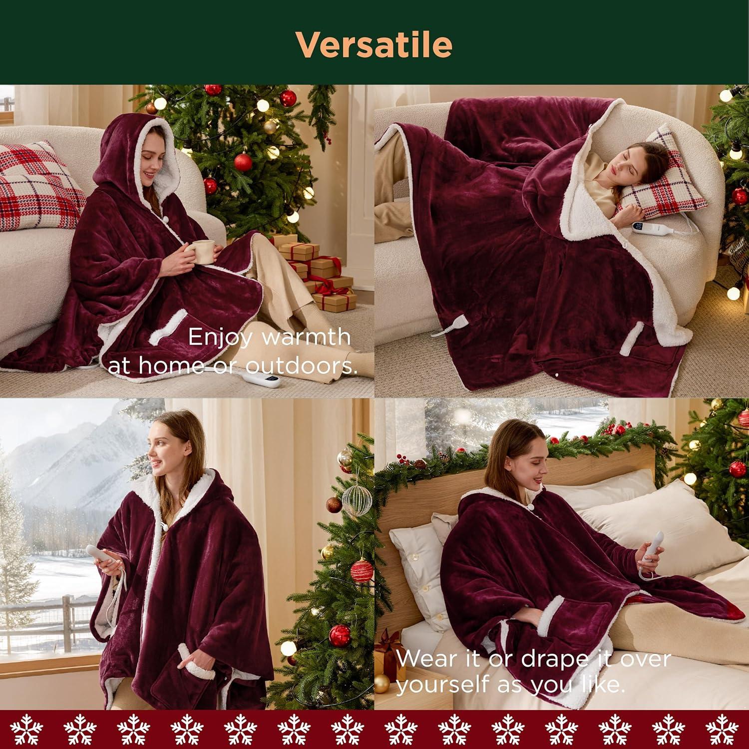imageBedsure Wearable Heated Blanket with Foot Pocket  Electric Snuggle Blanket for Adult with Sleeves Winter Gifts for Mom Women Girlfriend Warm Sherpa Heating Throw Auto Shut Off 50 x 7118quot Cream04  Burgundy