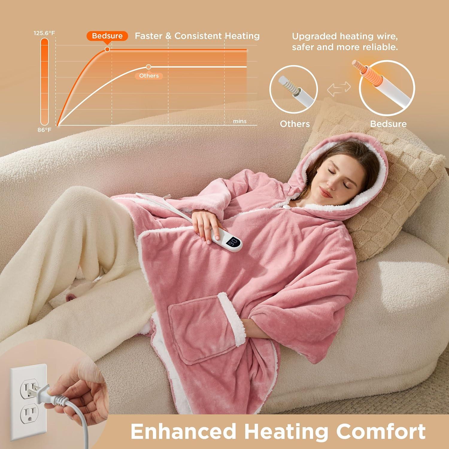 imageBedsure Wearable Heated Blanket with Foot Pocket  Electric Snuggle Blanket for Adult with Sleeves Winter Gifts for Mom Women Girlfriend Warm Sherpa Heating Throw Auto Shut Off 50 x 7118quot Cream02  Pink