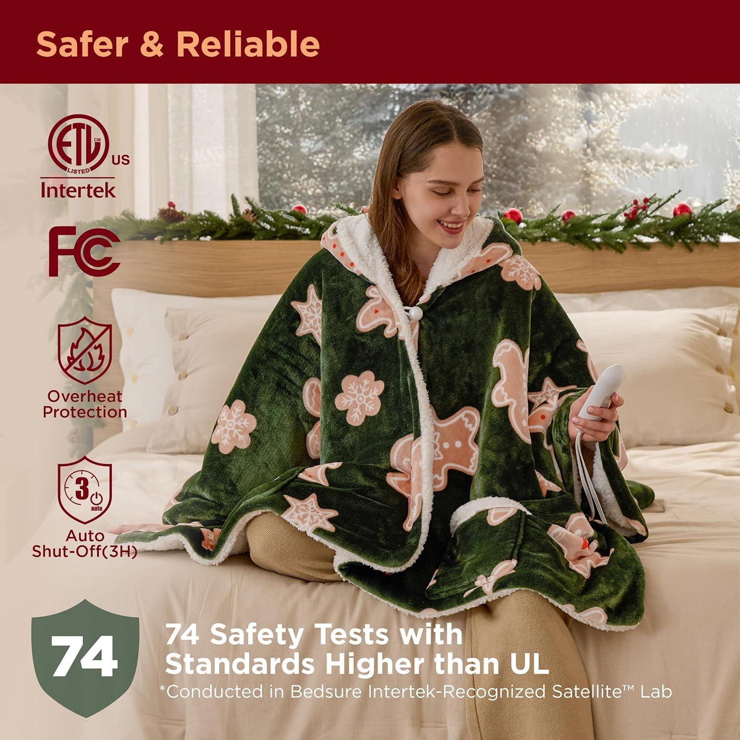 imageBedsure Wearable Heated Blanket with Foot Pocket  Electric Snuggle Blanket for Adult with Sleeves Winter Gifts for Mom Women Girlfriend Warm Sherpa Heating Throw Auto Shut Off 50 x 7118quot Cream07  Green Gingerbread Man