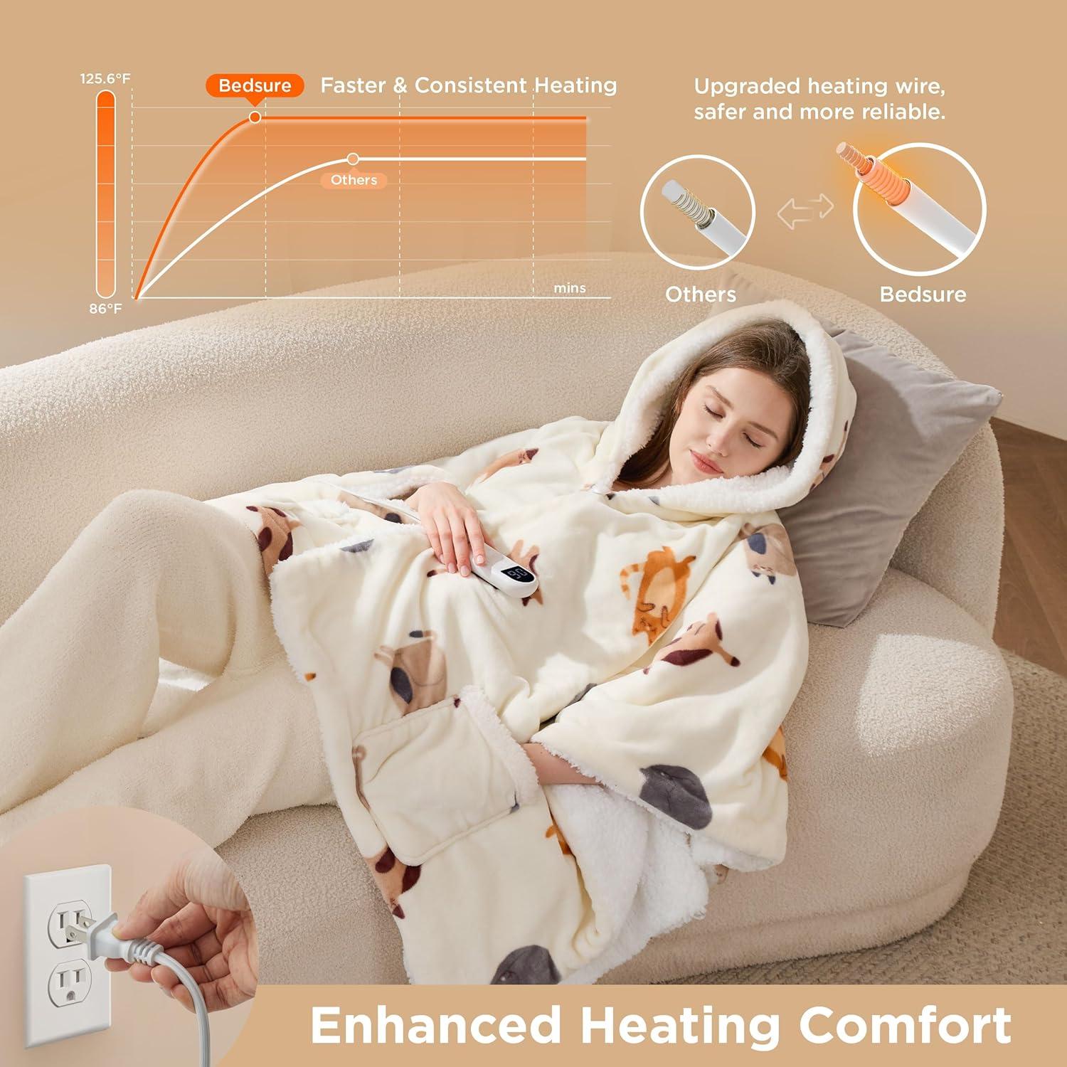 imageBedsure Wearable Heated Blanket with Foot Pocket  Electric Snuggle Blanket for Adult with Sleeves Winter Gifts for Mom Women Girlfriend Warm Sherpa Heating Throw Auto Shut Off 50 x 7118quot Cream06  Printed Cat