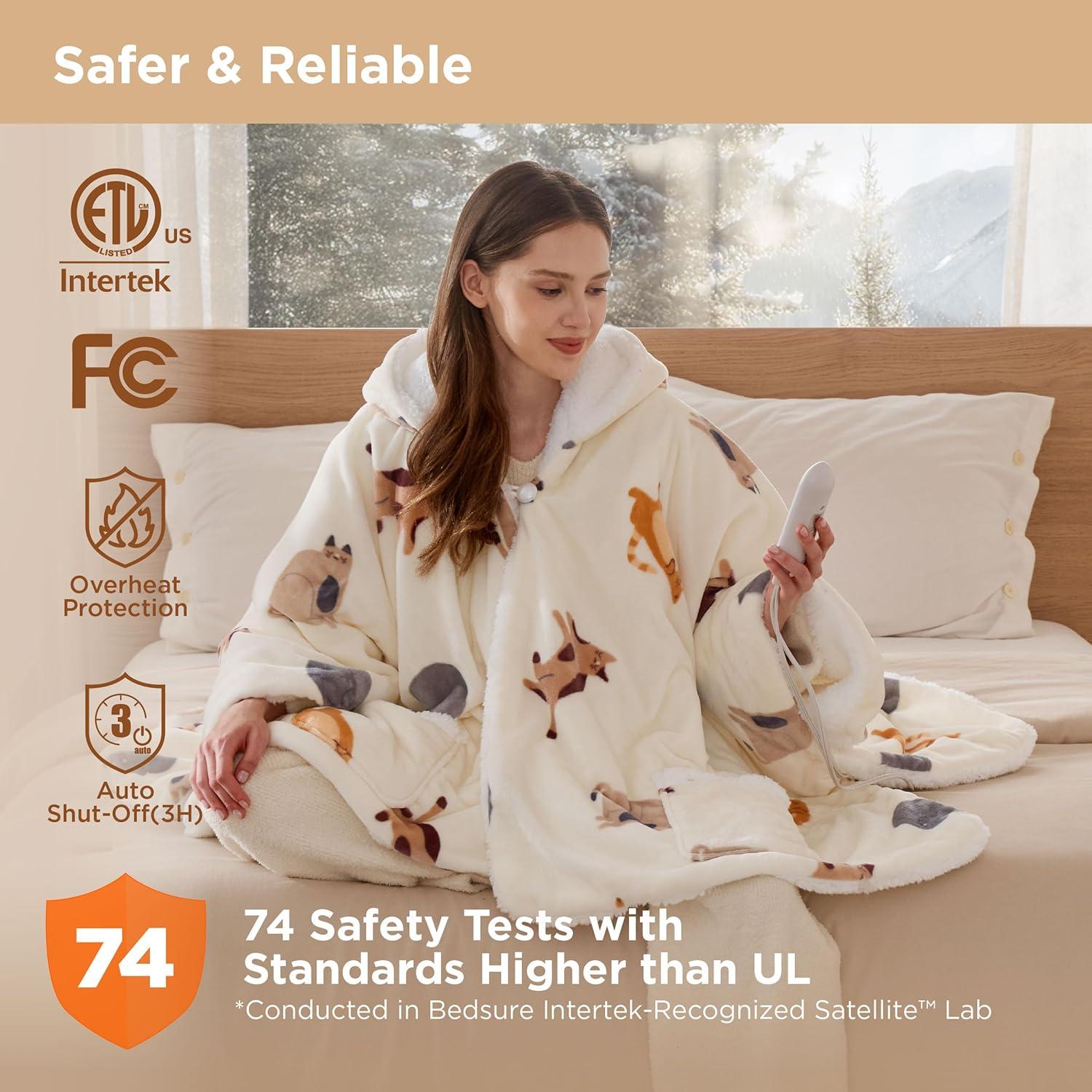 imageBedsure Wearable Heated Blanket with Foot Pocket  Electric Snuggle Blanket for Adult with Sleeves Winter Gifts for Mom Women Girlfriend Warm Sherpa Heating Throw Auto Shut Off 50 x 7118quot Cream06  Printed Cat