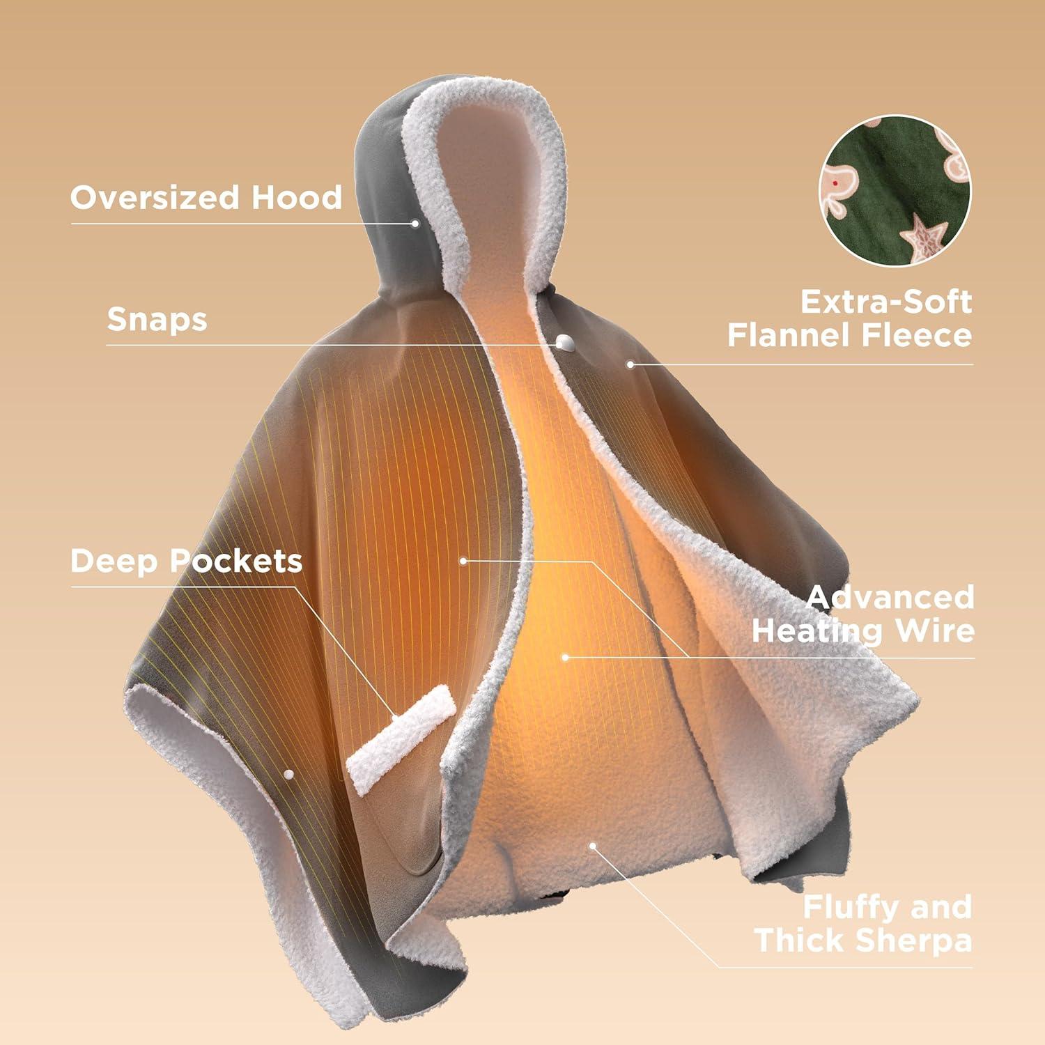 imageBedsure Wearable Heated Blanket with Foot Pocket  Electric Snuggle Blanket for Adult with Sleeves Winter Gifts for Mom Women Girlfriend Warm Sherpa Heating Throw Auto Shut Off 50 x 7118quot Cream07  Green Gingerbread Man