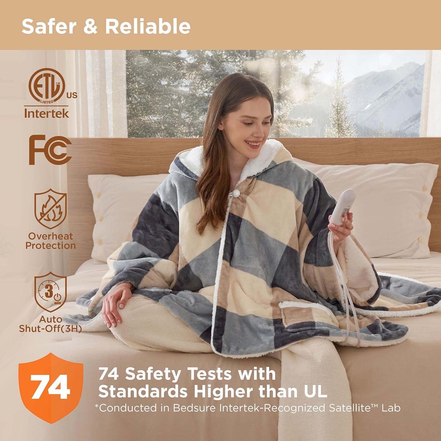 imageBedsure Wearable Heated Blanket with Foot Pocket  Electric Snuggle Blanket for Adult with Sleeves Winter Gifts for Mom Women Girlfriend Warm Sherpa Heating Throw Auto Shut Off 50 x 7118quot Cream05  Beige Plaid
