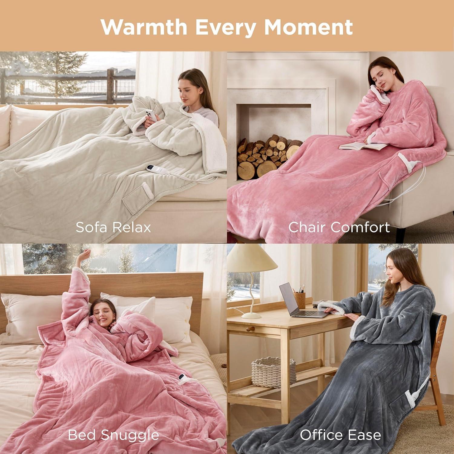 imageBedsure Wearable Heated Blanket with Foot Pocket  Electric Snuggle Blanket for Adult with Sleeves Winter Gifts for Mom Women Girlfriend Warm Sherpa Heating Throw Auto Shut Off 50 x 7118quot Cream09  Pink