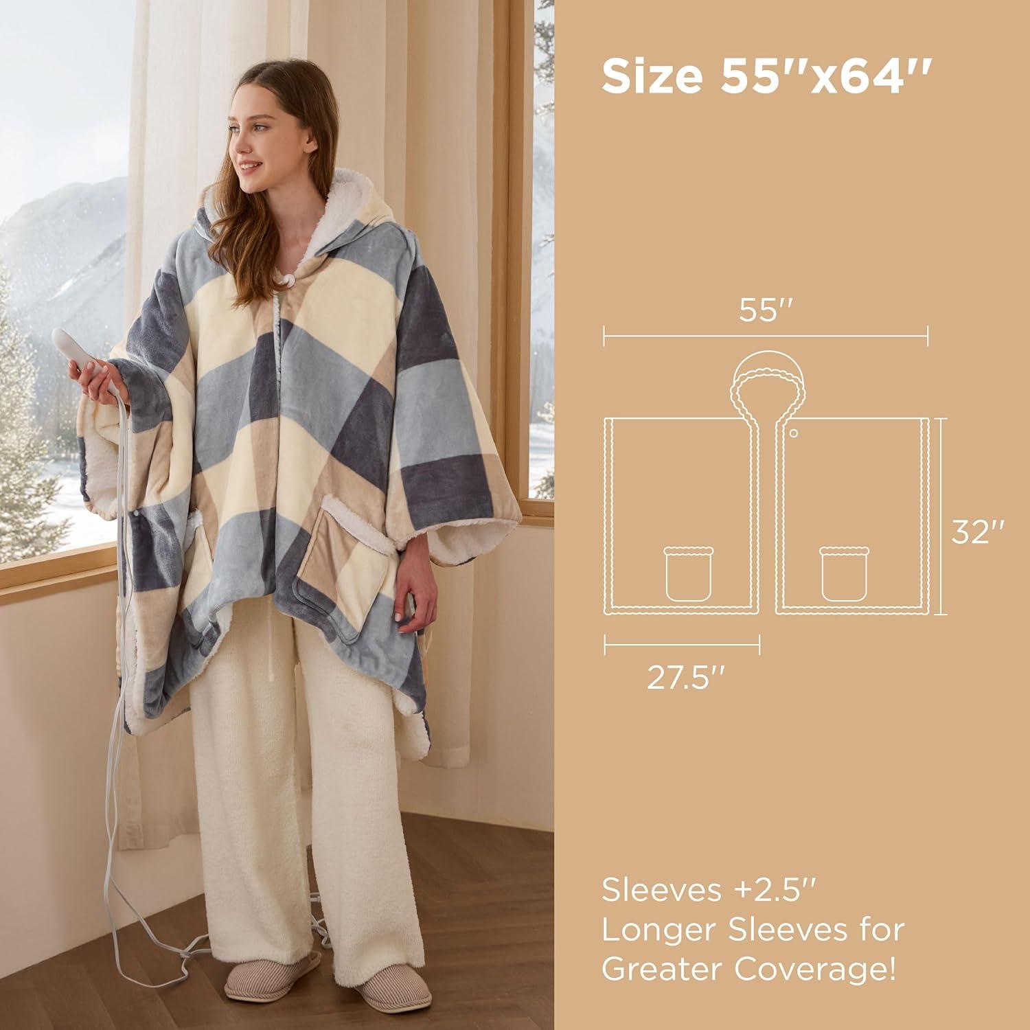 imageBedsure Wearable Heated Blanket with Foot Pocket  Electric Snuggle Blanket for Adult with Sleeves Winter Gifts for Mom Women Girlfriend Warm Sherpa Heating Throw Auto Shut Off 50 x 7118quot Cream05  Beige Plaid