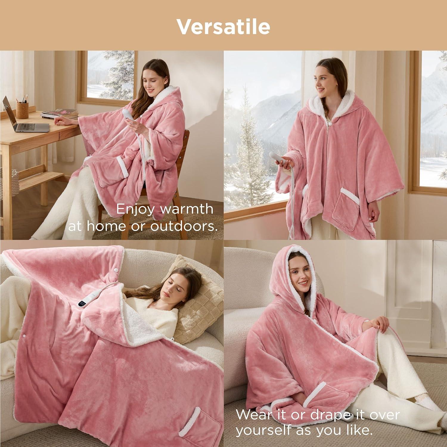 imageBedsure Wearable Heated Blanket with Foot Pocket  Electric Snuggle Blanket for Adult with Sleeves Winter Gifts for Mom Women Girlfriend Warm Sherpa Heating Throw Auto Shut Off 50 x 7118quot Cream02  Pink