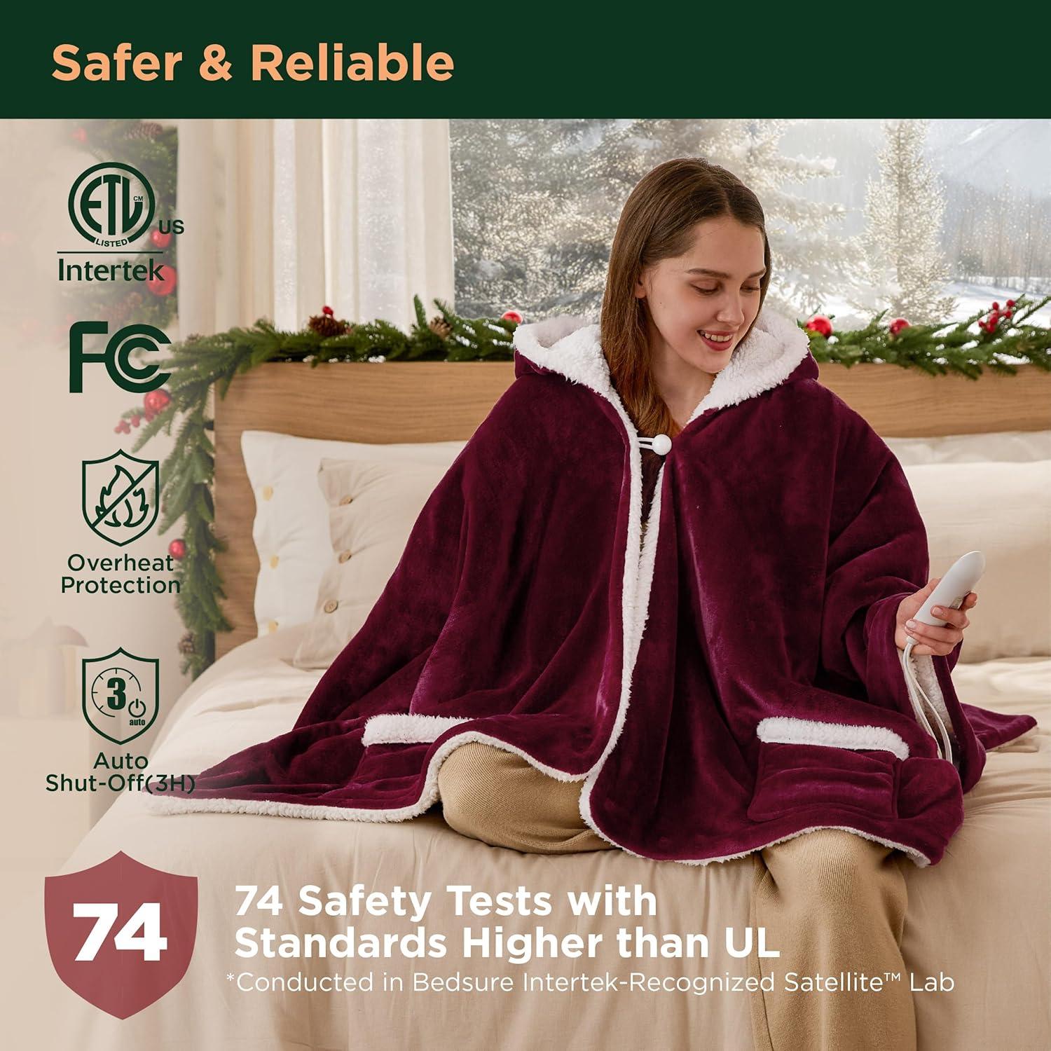 imageBedsure Wearable Heated Blanket with Foot Pocket  Electric Snuggle Blanket for Adult with Sleeves Winter Gifts for Mom Women Girlfriend Warm Sherpa Heating Throw Auto Shut Off 50 x 7118quot Cream04  Burgundy