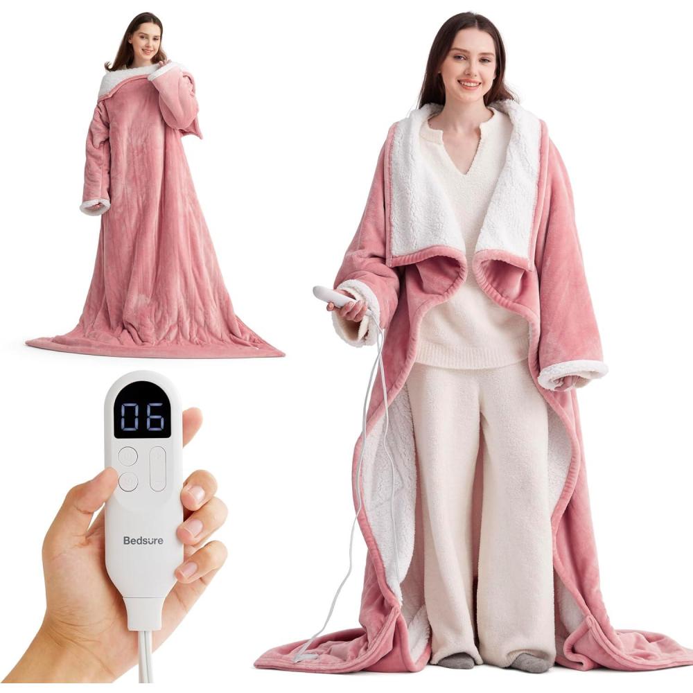 imageBedsure Wearable Heated Blanket with Foot Pocket  Electric Snuggle Blanket for Adult with Sleeves Winter Gifts for Mom Women Girlfriend Warm Sherpa Heating Throw Auto Shut Off 50 x 7118quot Cream09  Pink