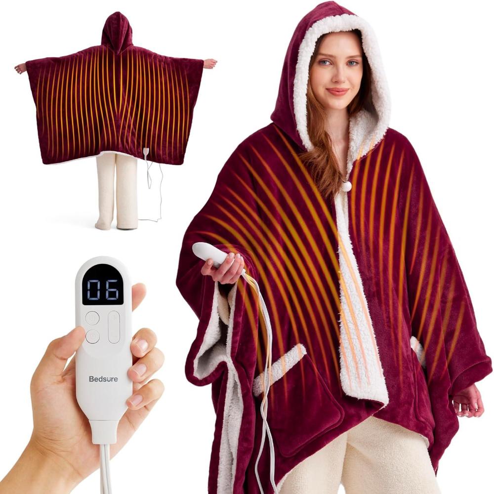imageBedsure Wearable Heated Blanket with Foot Pocket  Electric Snuggle Blanket for Adult with Sleeves Winter Gifts for Mom Women Girlfriend Warm Sherpa Heating Throw Auto Shut Off 50 x 7118quot Cream04  Burgundy