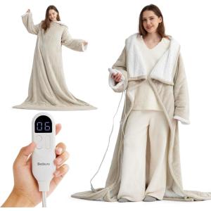 imageBedsure Wearable Heated Blanket with Foot Pocket  Electric Snuggle Blanket for Adult with Sleeves Winter Gifts for Mom Women Girlfriend Warm Sherpa Heating Throw Auto Shut Off 50 x 7118quot Cream10  Cream