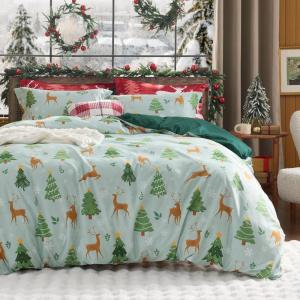 imageBedsure Christmas Duvet Cover Queen  Christmas Bedding Set Reversible Buffalo Check Printed Plaid Duvet Cover 3 Pieces Bedding Set with 2 Pillow Shams Queen Snowflake and Reindeer07 Christmas Tree and Reindeer No Comforter