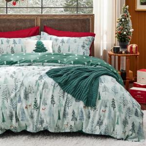 imageBedsure Christmas Duvet Cover Queen  Christmas Bedding Set Reversible Buffalo Check Printed Plaid Duvet Cover 3 Pieces Bedding Set with 2 Pillow Shams Queen Snowflake and Reindeer09  Green Forest No Comforter