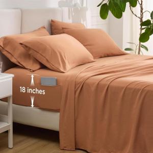 imageBedsure Deep Pocket Queen Sheets  6 Piece Prewashed UltraSoft Queen Sheet Set Fits Mattresses Up to 18 Inches Thick Breathable ampamp Secure Fit Hotel Luxury Bedding Light PinkBurnt Orange