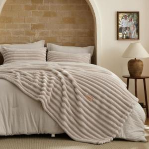 imageBedsure Gentlesoft 2in1 Queen Comforter Set and Detachable Fluffy Blanket Beige Bedding Set for All Season Use SnapTech Design for Space Saving Includes 2 Pillow Shams 2 Pillowcases01  Beige