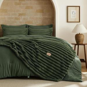imageBedsure Gentlesoft 2in1 Queen Comforter Set and Detachable Fluffy Blanket Beige Bedding Set for All Season Use SnapTech Design for Space Saving Includes 2 Pillow Shams 2 Pillowcases03  Olive Green