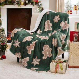 imageBedsure Christmas Throw Blanket for Couch  Christmas Decorations Gifts for Women Warm Sherpa Deer Throw Blanket Red 50quotx60quotGingerbread Green