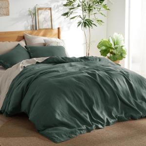 imageBedsure Linen Duvet Cover King Size  Linen Cotton Blend Bedding Set Soft ampamp Cozy 3 Pieces 1 Duvet Cover 104x90 Inches and 2 Pillowcases Natural Color Cooling Bedding Comforter Sold Separately05  Forest Green No Comforter