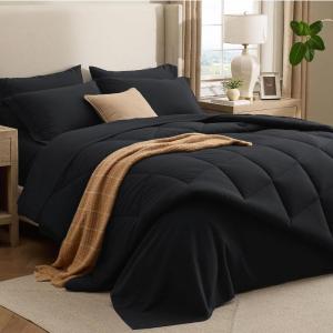 imageBedsure 7 Pieces Queen Comforter Set Premium Series Hotel Luxury Soft Bed in a Bag Goose Down Alternative Safe for Sensitive Skin Bedding Comforter All Season Medium Warmth Navy Blue Queen Size01  Black
