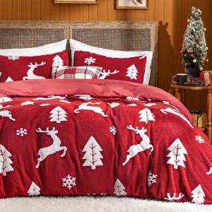 imageBedsure Fluffy Christmas Duvet Cover Set  Ultra Soft Plush Shaggy Comforter Cover Queen Size Warm Flannel Fleece Bed Sets for Winter 3 Pieces Gingerbread Man Pattern Green10  Red Reindeer No Comforter