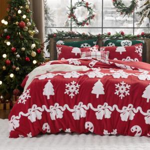 imageBedsure Fluffy Christmas Duvet Cover Set  Ultra Soft Plush Shaggy Comforter Cover Queen Size Warm Flannel Fleece Bed Sets for Winter 3 Pieces Gingerbread Man Pattern Green08  Red Bell No Comforter
