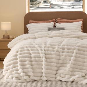 imageBedsure Fluffy Christmas Duvet Cover Set  Ultra Soft Plush Shaggy Comforter Cover Queen Size Warm Flannel Fleece Bed Sets for Winter 3 Pieces Gingerbread Man Pattern Green01  Beige Stripe No Comforter