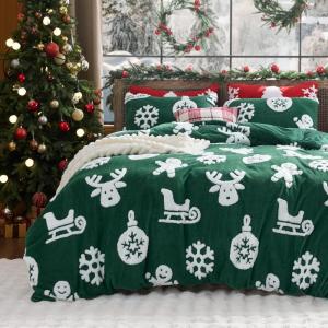 imageBedsure Fluffy Christmas Duvet Cover Set  Ultra Soft Plush Shaggy Comforter Cover Queen Size Warm Flannel Fleece Bed Sets for Winter 3 Pieces Gingerbread Man Pattern Green09  Green Gingerbread No Comforter
